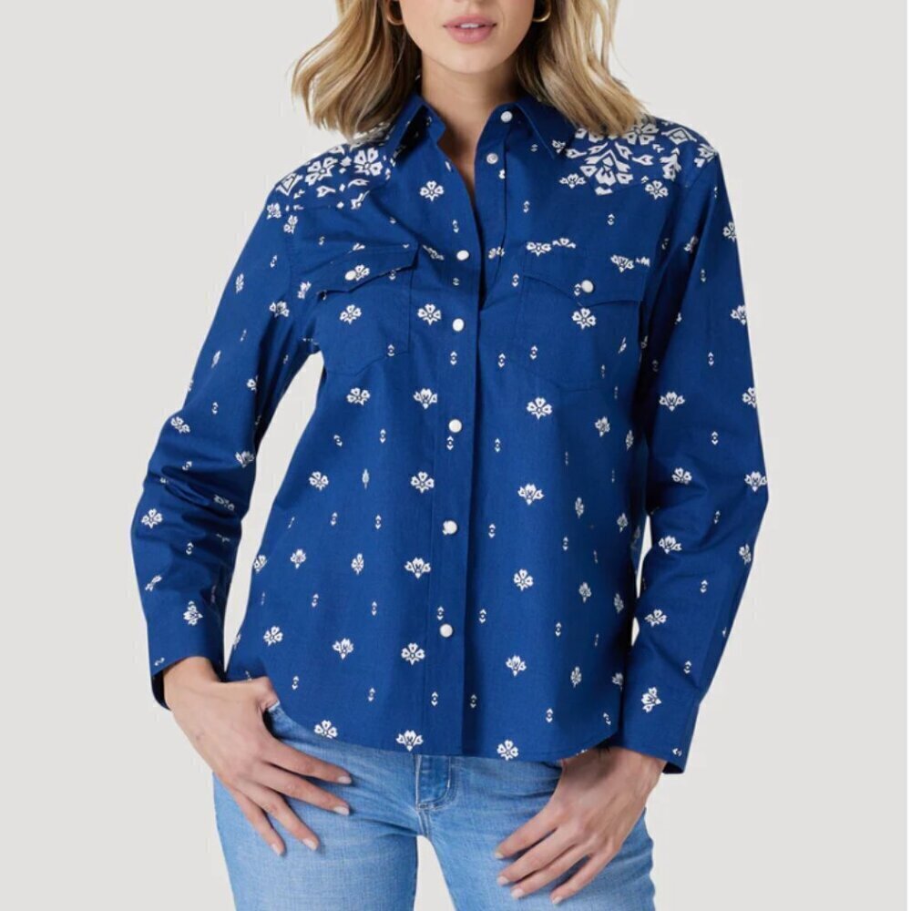 Wrangler Western Snap Button Shirt Sz M Floral Cowgirl Rodeo Artsy Aztec Cotton